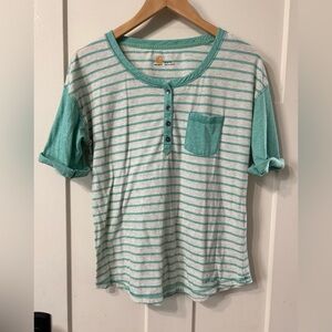 Carhartt L Green Striped Button Neck Baseball Tee